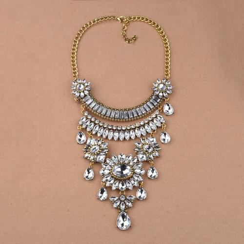 Fashion Handmade Ethnic Vintage Bib Necklace Clear Rhinestone Boho Statement Jewelry Necklaces for Women Jewelry