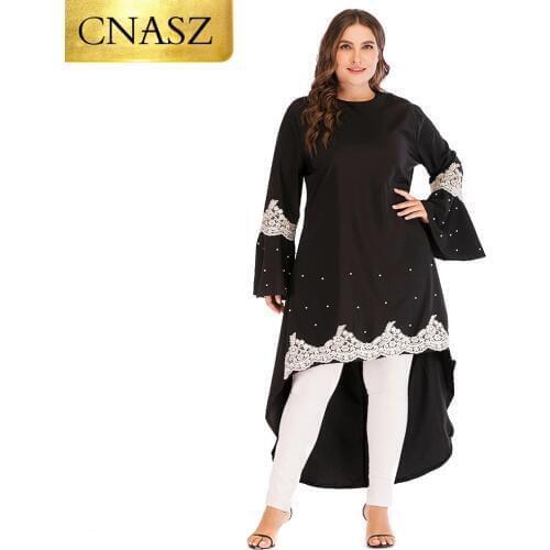 Muslim arabic fashion Ladies elegant midi 6xl plus size irregular black blouse with pearl for muslim women