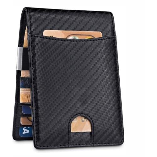 Genuine Leather Men Money Clip Carbon Fibre Like ID Card Bag Credit Card Holder Anti-Theft rfid Thin Wallet Cash Holder Purse