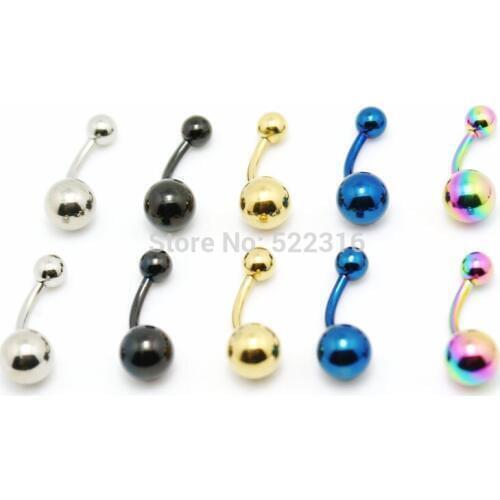 50pcs mix color lots stainless steel plain ball belly ring steel black blue gold rainbow color navel bar button ring piercing