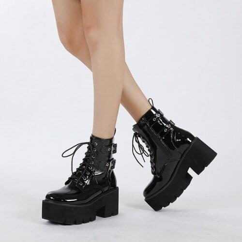 New Punk Motorcycle Boots Black Patent Leather Martin Boots Female Round Head Belt Buckle Thick-soled Ankle Boots Platform Boots