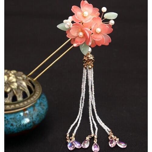 New Retro Chinese Style Hairpins Clips Flower Leaf Tassel Pendant Pearls Hair Fork Sticks for Women Girls Hanfu Dress
