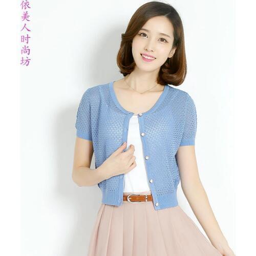 New Summer And Spring Ladies Hollow Out Knitwear Female Short Sleeve Thin Knit Cardigan