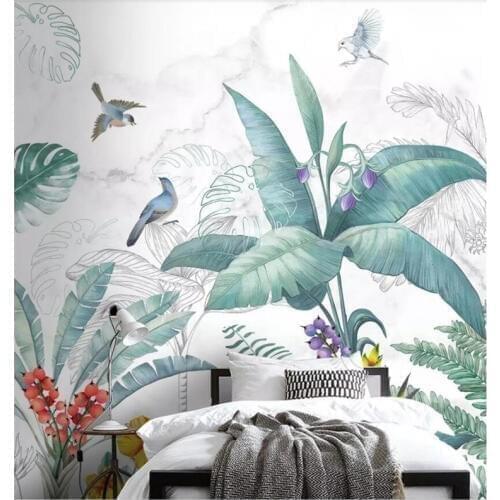 Custom wallpaper Nordic hand-painted small fresh tropical plants flowers and birds TV sofa background 3d wallpaper