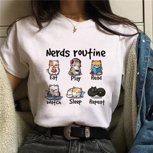 Cute Cartoon Cat Nerds Routime Letters Graphic Printed Women Tshirts Summer New Fashion Unisex T-shirt Female Casual Tops Tee