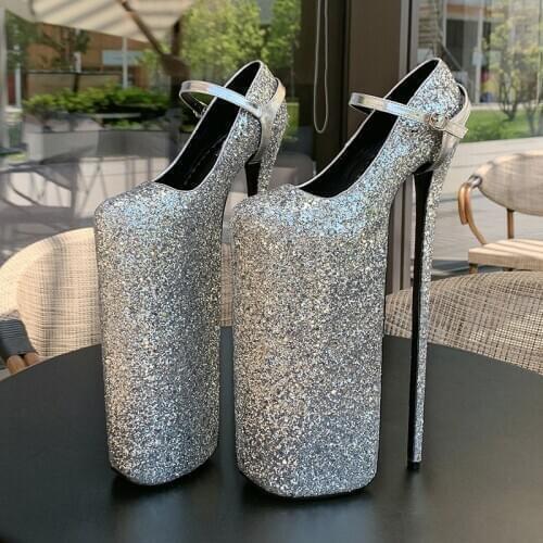 SDTRFT Uniform Stilettos platforms 30cm Thin heels Bridal Sequins shoes woman Gold Sliver wedding pumps Big size: 35-44 45 46