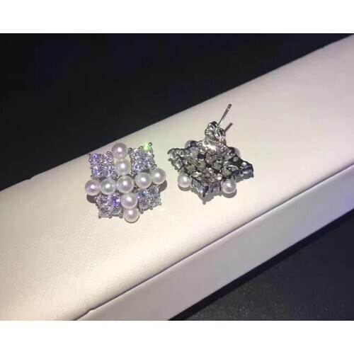 Natural fresh water pearl stud earring 925 sterling silver with cubic zircon square fine women jewelry free shipping