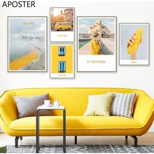 Volcano Landscape Canvas Painting Scandinavian Nordic Poster And Prints Wall Art Yellow Car Decorative Picture For Living Room