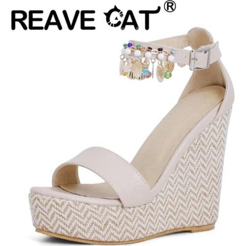 REAVE CAT 2021 Summer Beading Charm Sweet Open Toe Cover Heel Ankle Buckle Strap 12.5cm Wedge Sandal With Platforms Size 30-48