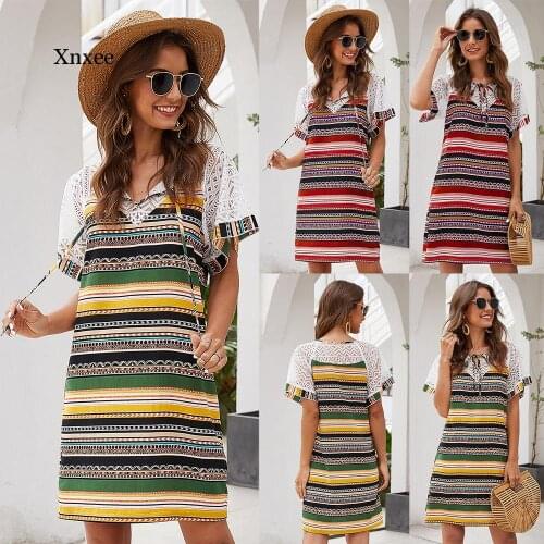 Women Dresses Summer Ethnic Style Bohemia Print Striped Casual Dress Lace Hollow Short Sleeve Midi Dress Print Party Clothing
