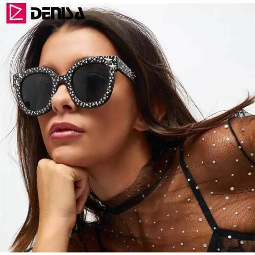 DENISA Star Studded Cat Eye Sunglasses Women Fashion Black Sunglasses With Silver Stars Womens Sun Glasses Luxury Glasses G5700
