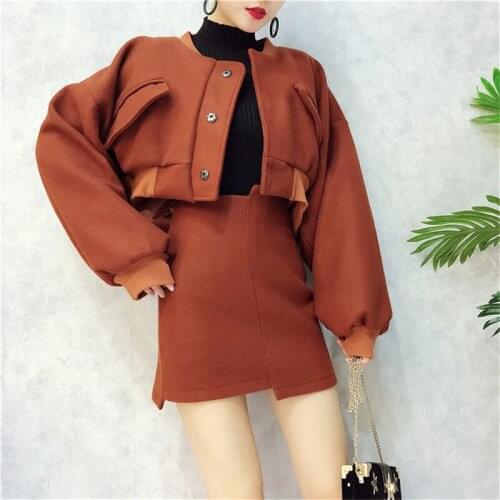 Womens Winter Sets Bat Sleeve Woolen Short Coat + High Waist Irregular Skirt Small Fragrant Wind Woolen Suit