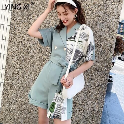 YING XI 2020 New Fashion Summer Casual Short Sleeve Turn-back Collar Double Breasted Asymmetric Printing Jumpsuit Women Pants