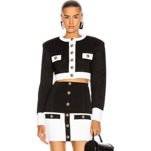 DEIVE TEGER New Chic Womens Two Pieces Set Buttons Crop Top Mini Skirt Set Elegant Clothing Vestido Bandage Skirt Suit