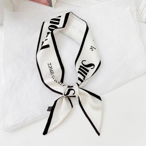 Luna&Dolphin Women Skinny Scarf 100x6cm French Style Chiffon Twill Silk Letter Print White Black Bag Ribbon Headbands Choker
