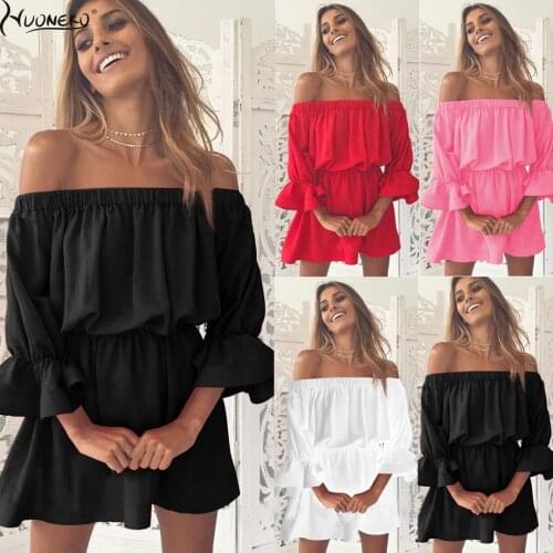 Women Summer Mini Beach Dress Boho Three Quarter Ruffle Sleeve Solid Ladies Sexy Dress Strapless Bodycorn With One ShoulderWDR20