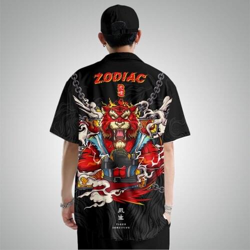 2021 Fashion Men Short Sleeve Hawaiian Shirt Summer Casual Beach Loose Black Tiger Print Shirts Plus Size 6XL