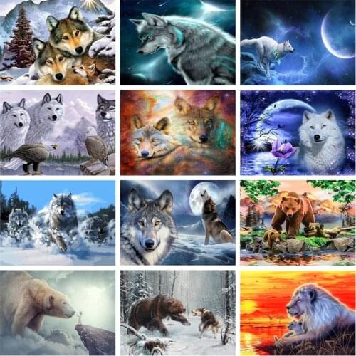 Full Square Round Diamond Painting Animal Cross Stitch Kit Wolf Lion Bear Poster Diy Mosaic Diamond Embroidery Snow Landscape