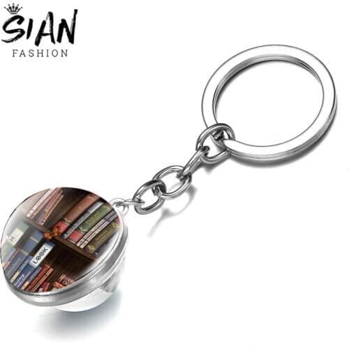 SIAN Vintage Library Book Keychain Art Photo Book Painting Glass Ball Pendant Key Ring Creative Key Holder Souvenir for Boy Girl