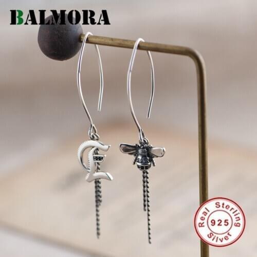 BALMORA 100% 925 Sterling Silver Bee & Letter Earring For Women Girl Tassel Drop Shape Retro Earrings Dangler Daily Jewelry Gift