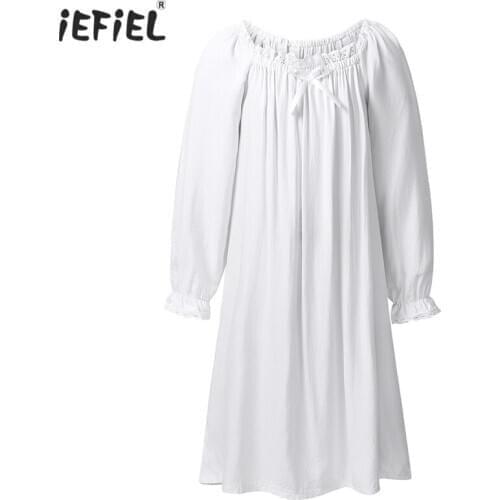White Sweet Sleep Dress Kids Girls Vintage Soft Cotton Long Sleeves Nightdress Robe Princess Nightgown Loose Sleepwear Pajamas