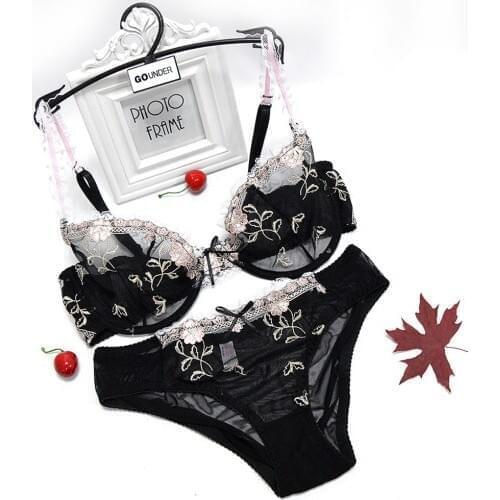 Women bra panty Sales Separated embroidery lace floral transparent sexy bralette BH set plus size thin A B C D E F 70-100 S-XXXL