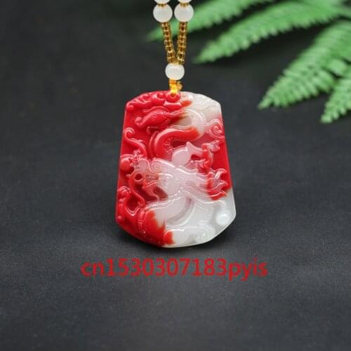 Dragon Natural Red White Jade Pendant Necklace Chinese Hand-Carved Charm Jewelry Accessories Fashion Amulet for Men Women Gifts
