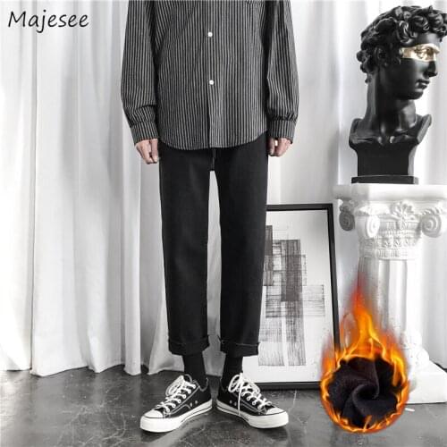 Jeans Men Denim Trousers Fall Winter Plus Velvet Solid Ulzzang Straight Casual Students Streetwear Trendy Cool Simple All-match