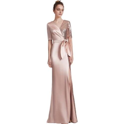 V-neck Elegant Half-Sleeve Evening Dress Bow Waist Formal Women Long Dress Satin & Sequins Prom Robe New Best Fashion Dress
