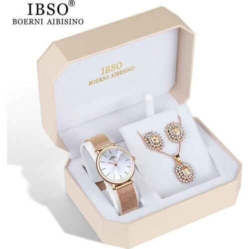 IBSO Brand New Womens Watch Set Rose Gold Watch Earring Necklace Set Jewelry Sets Hot Sale Mothers Day Gift Dropshipping