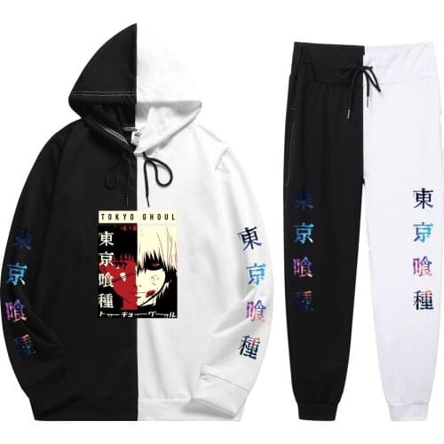 Summer Mens 2 Pieces Sets Anime Tokyo Ghoul Harajuku Print Patchwork Thin Hoodie+PatchworkPants The Sharingan Sweatshirt New