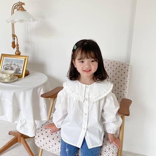 Girls Sweet Lace Shirt Childrens Lapel Long Sleeve Solid Color Cotton Korean Top 2021 Spring