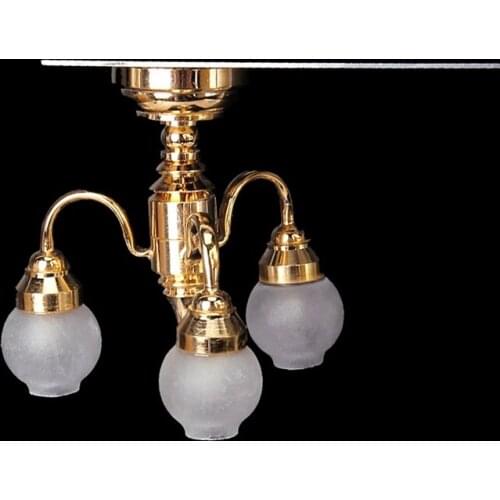 1:12 Dollhouse Brass Chandelier 3 arm Lamp LED Ceiling Lamp Glass Shade