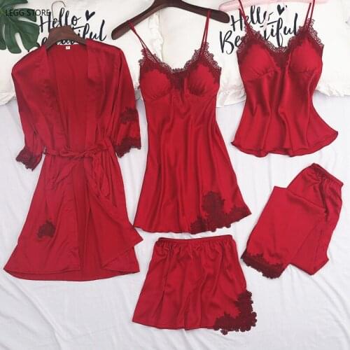 Summer Women Pajamas Sets 5 Pieces Lace Satin Sleepwear Female Pijama Suits Silk Embroidery Sleep Lounge Pyjama With Chest Pads