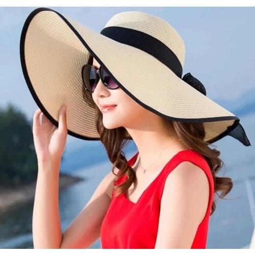 Summer Large Brim Straw Hat Floppy Wide Brim Sun Cap Bowknot Beach Foldable Hats for Women