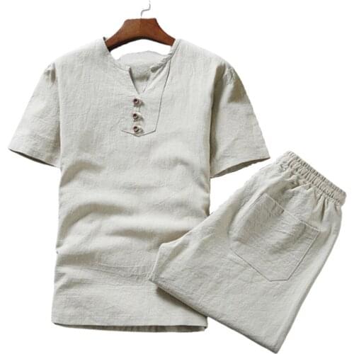 Mens thin large-sized short-sleeved T-shirt suit 2020 mens summer cotton and linen short-sleeved suit slim casual shorts men