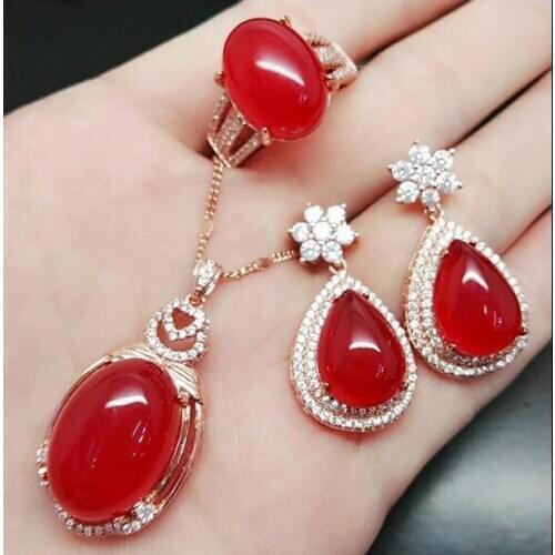 Natural live ring inlaid rose drop pendant earrings set