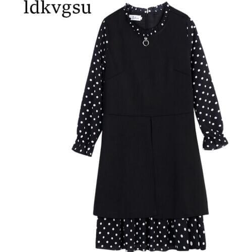 2021 New Fashion Spring Autumn Dress Womens Large Size Loose Wave Point Fake Two-piece Dress V359