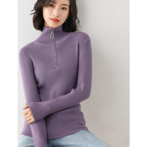 Fall Winter Turtleneck Zip Up Slim Sweater Tight To Body Minimalist Solid Knitted Jumper 2020 Women Fashion Clothing Turtleneck
