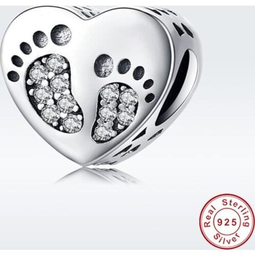 Fit Europe Bracelet Silver 925 Original CZ Cute Boy Footprint Heart Beads S925 Little Baby Feet Track Charms for Jewelry Making