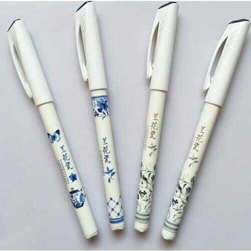 Classic Vintage Orchid Flowers Porcelain Look Ink Wash Painting China Chic Style Ballpoint Pen 0.5mm Black Navy Blue Refillable