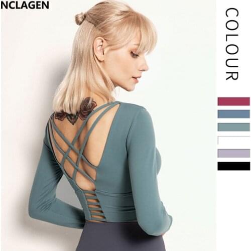 NCLAGEN Sports Top Women Long Sleeve Open Back Top Exercise Elastic GYM Yoga T-shirt With Breast Pad Fitness Beautiful Backt