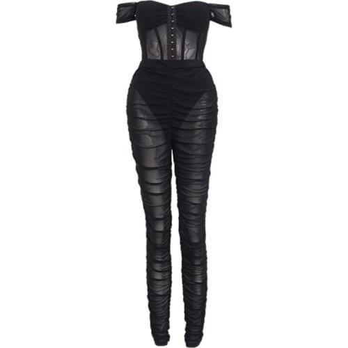 XS-L Summer Sexy Black Mesh Jumpsuit For Women Pleated Perspective Sleeveless Outfit Club Romper Wholesale Dropshippin