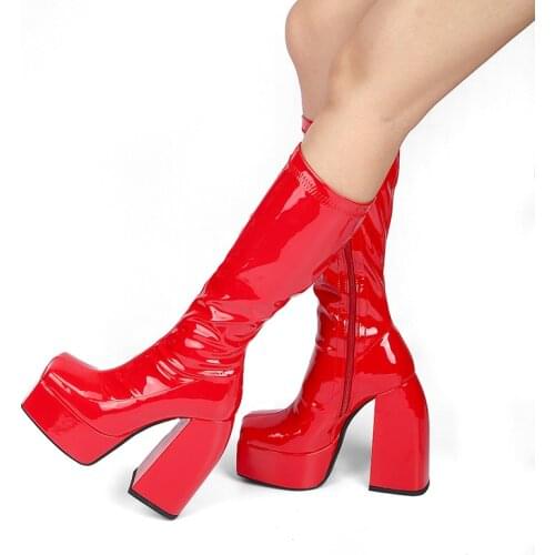 Punk Style Autumn Winter Boots Elastic Microfiber Shoes Woman Ankle Boots High Heels Black Thick Platform Long Knee High Boots