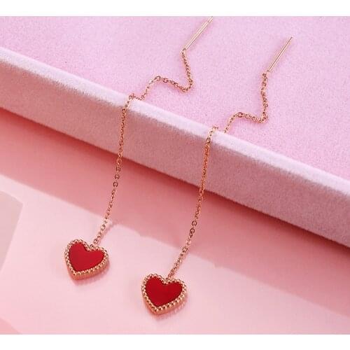 Cute Romantic Korean Style Red Heart Shape Shell Inlaid Drop Earrings For Women Fashion Stainless Steel Long Chain Ear Line