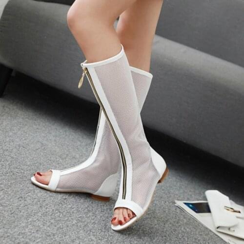 2021 Summer New Mesh Women High Boots Front Zipper Peep Toe Low Heels Knee-high Long Boots Female Fashion Women Sandals Shoes