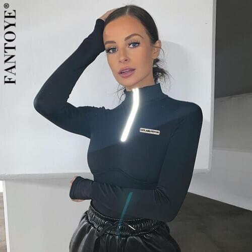 Fantoye Bodycon Turtleneck Reflective Zipper Bodysuits Women Black Long Sleeve Bodysuits Women Spring New Streetwear Overalls