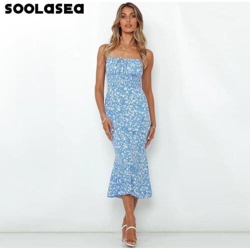 Soolasea Casual Blue Print Spaghetti Strap Dress Casual Lace-up Beach Summer Women Sundress 2021 Sleeveless Long Vestidos