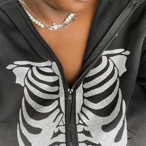Y2K Aesthetic Skeleton Sweatshirt Women Gothic Long Sleeve Hooded Zipper Coats 2021 New Vintage Streetwear Loose Hoodies