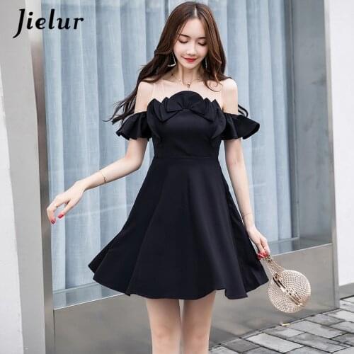 Jielur Ruffled Lace Off Shoulder Dress Korean Elegant Women Summer High-waist Hipster Black Sexy Party Slim A-line Dress Vestido